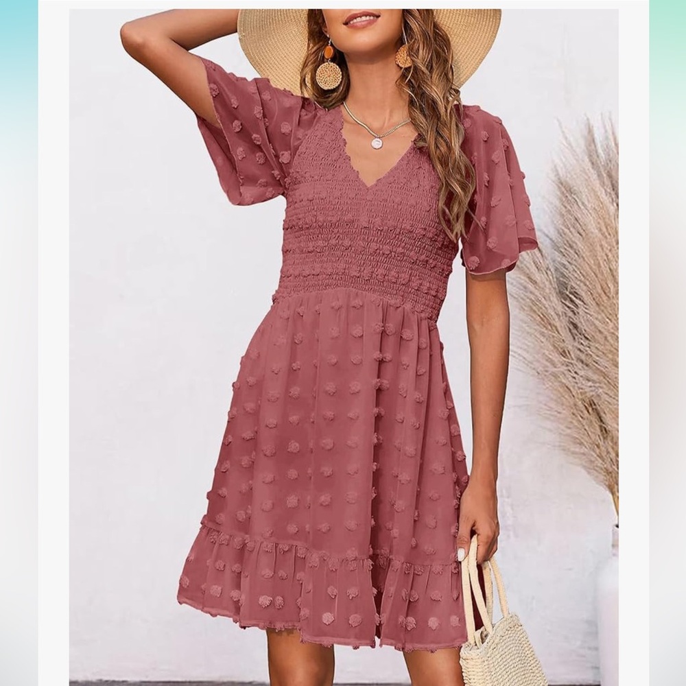 Btfbm v neck short sleeve smocked Swiss dot cute ruffle dress